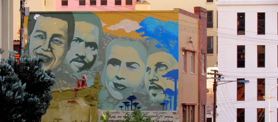 A painting of Nelson Mandela, Steve Biko, Cissie Gool and Imam Haron on a building in Cape Town CBD. Photo © tsn92/Flickr